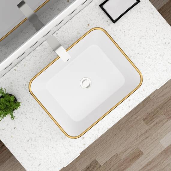 Dcolora Rechteckiges Waschbecken, 48,3 x 38,1 cm, weißes Gefäß-Waschbecken mit goldenem Rand, Keramik, Porzellan, rechteckig, Waschbecken über der Theke, Waschtisch-Waschbecken