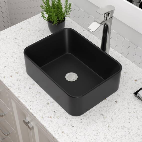 Dcolora Schwarzes Waschbecken, rechteckig, 40,6 x 30,5 cm, mattschwarz, rechteckig, oberhalb der Theke, Keramik, Porzellan, Waschtisch, Waschbecken