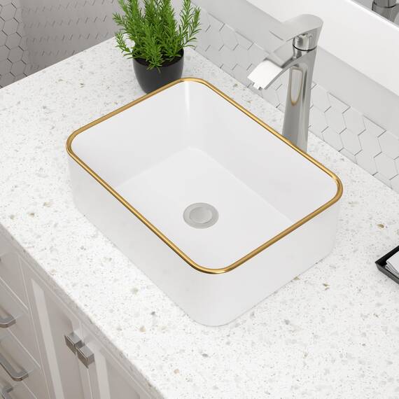 Dcolora Rechteckiges Waschbecken mit Goldrand, Keramik, Porzellan, rechteckig, 40,6 x 30,5 cm, Weiß