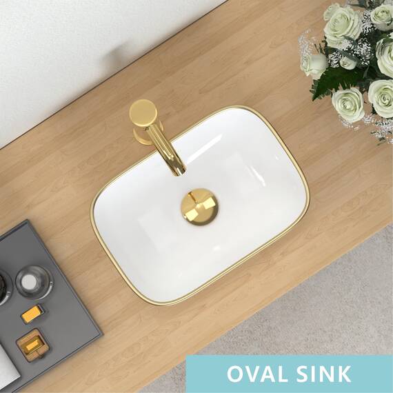 J-FAMILY Kleines Waschbecken, 36,7 x 25,4 cm, für Badezimmer, oberhalb der Theke, weißes Porzellan, Keramik-Spülbecken, mit goldfarbenem Rand, Dekoration, kleines Waschbecken, WC, Waschbecken