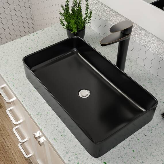 Dcolora Waschbecken mit schwarzem Gefäß, 61 x 35,6 cm, Waschbecken, mattschwarz, rechteckig, über dem Aufsatzgefäß, Keramik, Arbeitsplatte, WC, Waschbecken, Kunst, Waschbecken