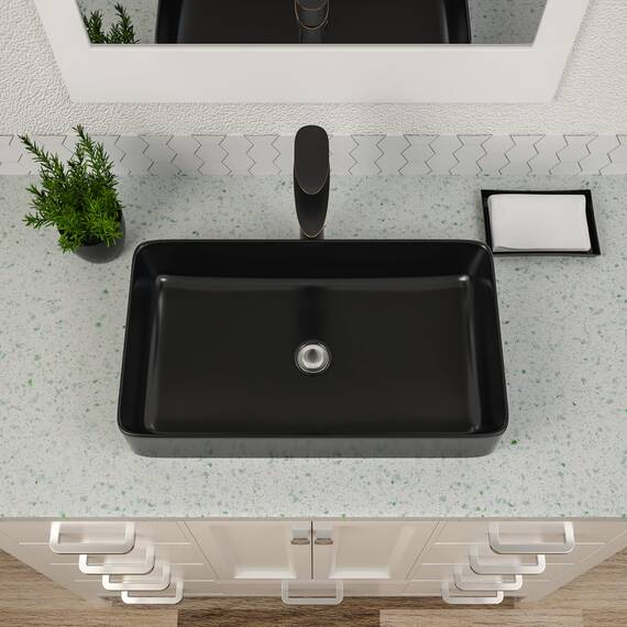 Dcolora Waschbecken mit schwarzem Gefäß, 61 x 35,6 cm, Waschbecken, mattschwarz, rechteckig, über dem Aufsatzgefäß, Keramik, Arbeitsplatte, WC, Waschbecken, Kunst, Waschbecken