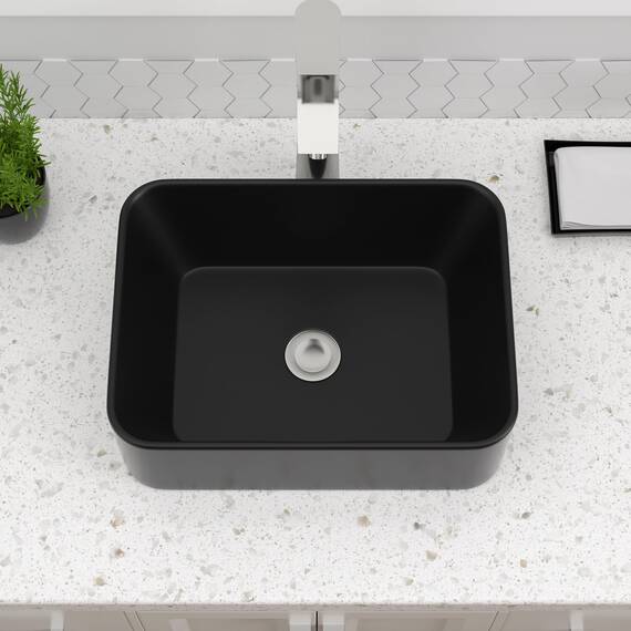Dcolora Schwarzes Waschbecken, rechteckig, 40,6 x 30,5 cm, mattschwarz, rechteckig, oberhalb der Theke, Keramik, Porzellan, Waschtisch, Waschbecken