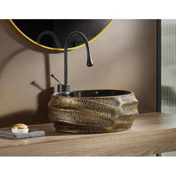 MEJE 45 x 40 x 16.5 cm Kunstwaschbecken, Oval, Reliefoberfläche, Vintage-Gold, Arbeitsplatte Waschbecken, Keramik (einschließlich Pop-up Abfluss)