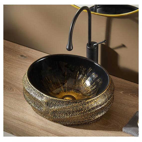 MEJE 45 x 40 x 16.5 cm Kunstwaschbecken, Oval, Reliefoberfläche, Vintage-Gold, Arbeitsplatte Waschbecken, Keramik (einschließlich Pop-up Abfluss)