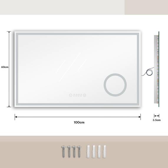 Dripex Badspiegel mit Beleuchtung Led Spiegel mit 3-Fach Schminkspiegel, Uhr und Steckdose, Dimmbar, 3 Lichtfarbe Einstellbare Badezimmerspiegel mit Beleuchtung, Beschlagfrei 60 x 100 cm