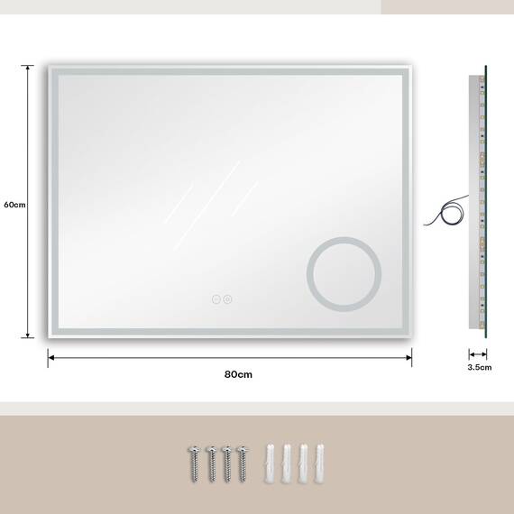 Dripex Badspiegel mit Beleuchtung Led Spiegel mit 3-Fach Schminkspiegel und Steckdose, Dimmbar, 3 Lichtfarbe Einstellbare Badezimmerspiegel mit Beleuchtung, Beschlagfrei 60 x 80 cm