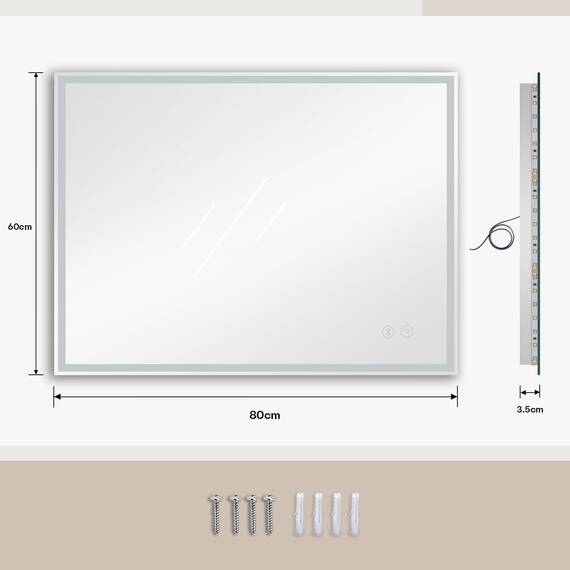 Dripex Badspiegel mit Beleuchtung Led Spiegel mit Bluetooth-Lautsprecher und Steckdose, Dimmbar, 3 Lichtfarbe Einstellbare Badezimmerspiegel mit Beleuchtung, Beschlagfrei 60 x 80 cm