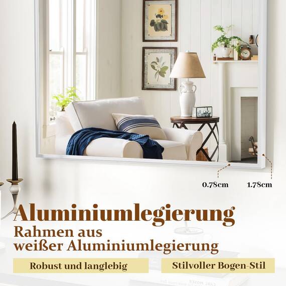 BEAUTYPEAK Bogen Wandspiegel mit Weiß, 76x51 cm Bruchsichere Aluminiumlegierung Rahmen Badspiegel, Kann an die Wand Gelehnt oder Aufgehängt Werden, Standspiegel für Schlafzimmer, Bad und Toiletten