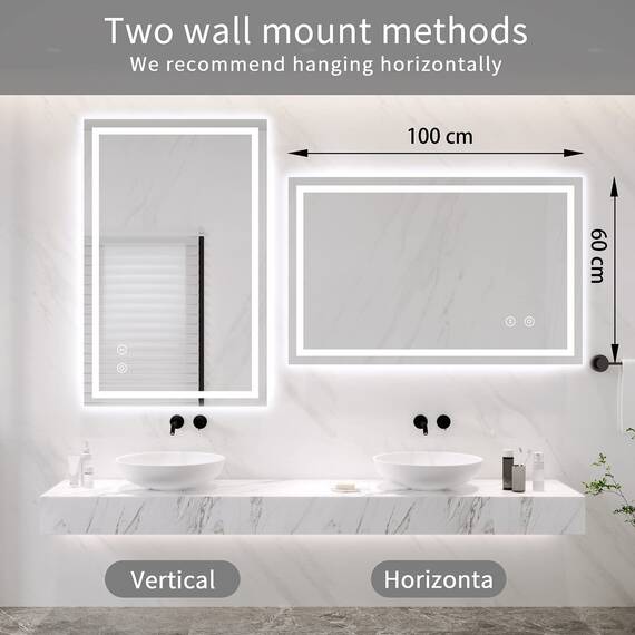 Dripex Badspiegel mit Beleuchtung Led Spiegel mit Touch-Schalter, Dimmbar, 3 Lichtfarbe Einstellbare Badezimmerspiegel mit Beleuchtung, Beschlagfrei 60 x 100 cm