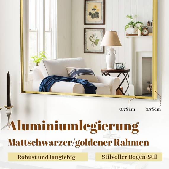 BEAUTYPEAK Bogen Wandspiegel mit Gold, 76x51 cm Bruchsichere Aluminiumlegierung Rahmen Bad Spiegel, Wand montierbar und zuverlässige Bogen Wandspiegel, geeignet für Schlafzimmer, Eingang, Bad