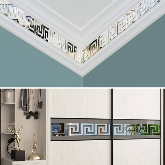 SelfTek 60 Stück Abnehmbare Acrylspiegel Spiegel Wandaufkleber Silber Spiegel Abziehbilder Geometrische Griechische Schlüsselmuster für zu Hause Schlafzimmer Hintergrund Dekoration (60-Silber)