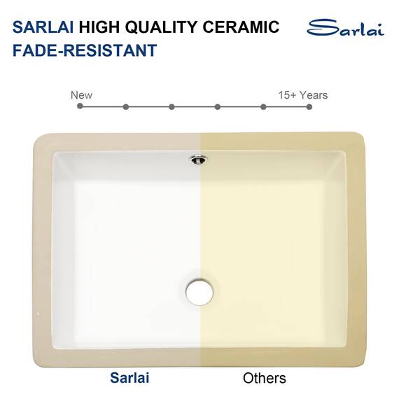Sarlai Rechteckiges Waschbecken, Unterbau, 50,8 x 35,6 cm, reinweiß, rechteckig, Unterbauspüle, Porzellan, Keramik, Waschtisch, Waschbecken