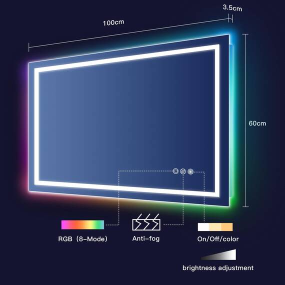 Dripex Badspiegel mit Beleuchtung Led Spiegel mit RGB LED Streifen, Farbwechsel, Touch-Schalter, Dimmbar Badezimmerspiegel, Beschlagfrei 60 x 100 cm