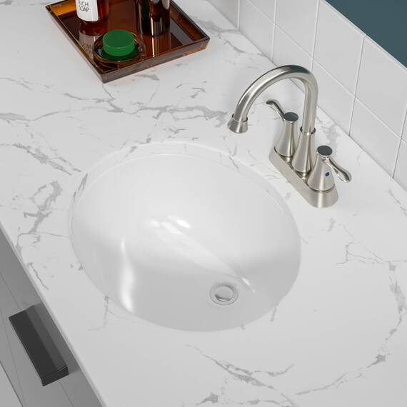 Sarlai Ovales Waschbecken, Unterbau, 45,7 x 38,1 cm, weiße Keramik, modernes Kunstbecken, 41,3 x 33,7 x 14 cm, mit Überlauf