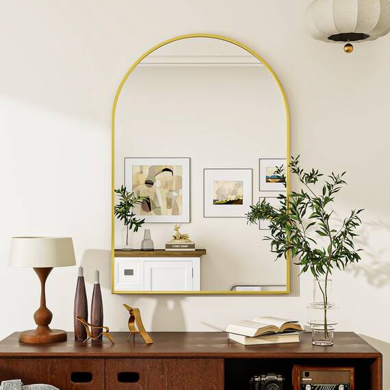 BEAUTYPEAK Bogen Wandspiegel mit Gold, 75x100 cm Bruchsichere Aluminiumlegierung Rahmen Bad Spiegel, Wand montierbar und zuverlässige Bogen Wandspiegel, geeignet für Schlafzimmer, Eingang, Bad
