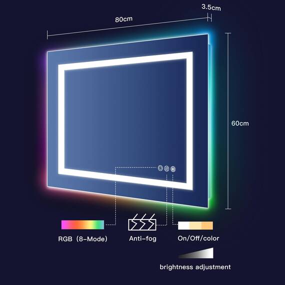 Dripex Badspiegel mit Beleuchtung Led Spiegel mit RGB LED Streifen, Farbwechsel, Touch-Schalter, Dimmbar Badezimmerspiegel, Beschlagfrei 60 x 80 cm