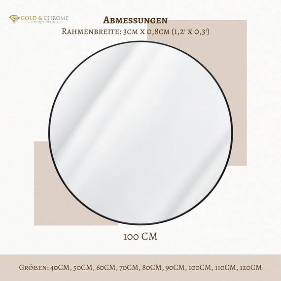 GOLD&CHROME UNIQUE DESIGN Dekorative Wandspiegel Rund ⌀100 cm Aluminiumrahmen - Spiegel Rund Schwarz mit Teflon beschichtet Spiegeloberfläche - Spiegel Wand Pulverbeschichteter Spiegelrahmen 0,9 cm