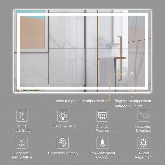 Dripex Badspiegel mit Beleuchtung Led Spiegel mit Touch-Schalter, Dimmbar, 3 Lichtfarbe Einstellbare Badezimmerspiegel mit Beleuchtung, Beschlagfrei 60 x 100 cm