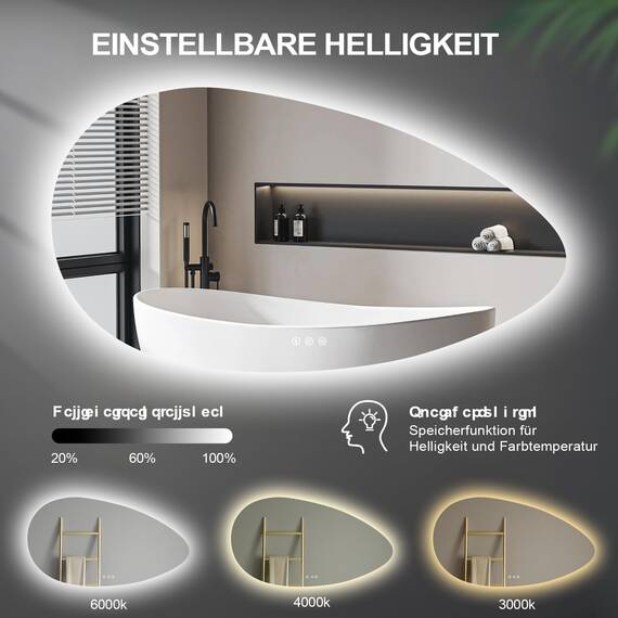 YOLEO Badspiegel mit Beleuchtung, Asymmetrischer Wandspiegel LED Badezimmerspiegel Antibeschlag großer Schminkspiegel, Berührungstaste Dimmbares 3 Farben LED-Licht, 108x60cm