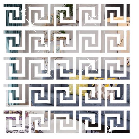 SelfTek 60 Stück Abnehmbare Acrylspiegel Spiegel Wandaufkleber Silber Spiegel Abziehbilder Geometrische Griechische Schlüsselmuster für zu Hause Schlafzimmer Hintergrund Dekoration (60-Silber)
