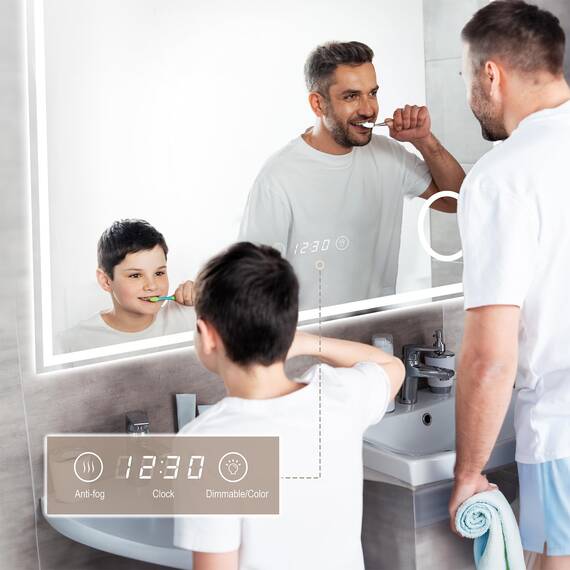 Dripex Badspiegel mit Beleuchtung Led Spiegel mit 3-Fach Schminkspiegel, Uhr und Steckdose, Dimmbar, 3 Lichtfarbe Einstellbare Badezimmerspiegel mit Beleuchtung, Beschlagfrei 70 x 100 cm
