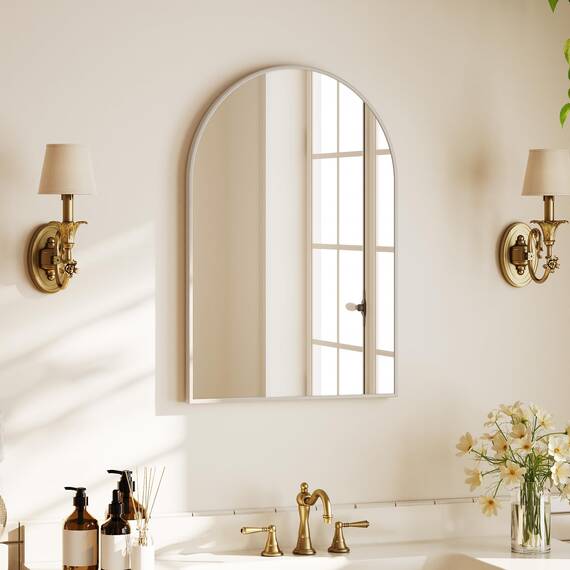 BEAUTYPEAK Bogen Wandspiegel mit Weiß, 76x51 cm Bruchsichere Aluminiumlegierung Rahmen Badspiegel, Kann an die Wand Gelehnt oder Aufgehängt Werden, Standspiegel für Schlafzimmer, Bad und Toiletten