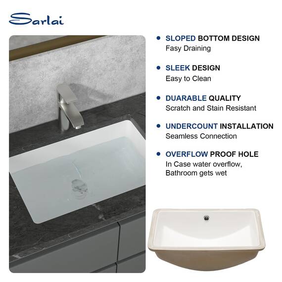 Sarlai Unterbau-Waschbecken – 53,3 x 35,6 cm, rechteckiges Gefäß-Waschbecken, Unterbau, moderne weiße Keramik, rechteckiges Waschbecken, Kunstwaschbecken mit Überlauf, Innenschüsselgröße 46,5 x 31,8 x