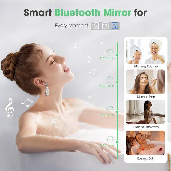 S'bagno Bluetooth-Badspiegel-mit-Beleuchtung-100x70cm, LED-Badezimmerspiegel mit Entfoggen, 3000K-6500K, Dimmbar, Speicher, HD-gehärtetes Glas, IP44-Badezimmer-Spiegel-mit-LED, Horizontal/Vertikal