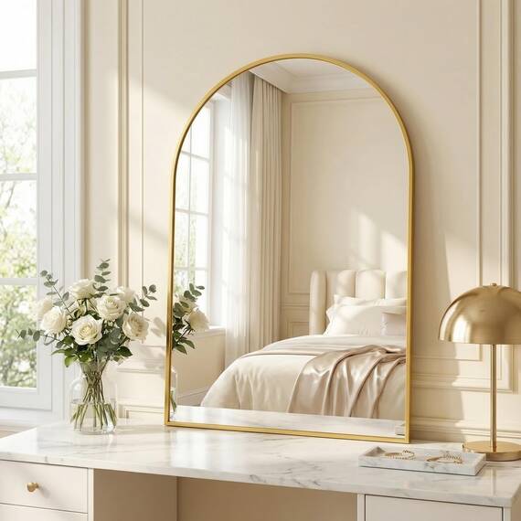 BEAUTYPEAK Bogen Wandspiegel mit Gold, 76x51 cm Bruchsichere Aluminiumlegierung Rahmen Bad Spiegel, Wand montierbar und zuverlässige Bogen Wandspiegel, geeignet für Schlafzimmer, Eingang, Bad