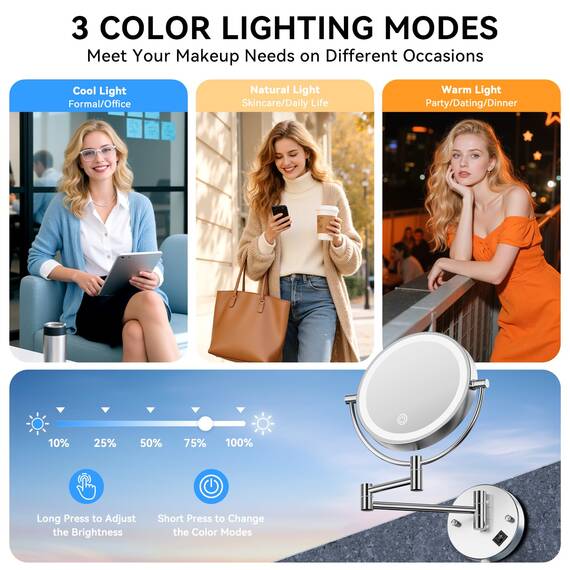 Auxmir Kosmetikspiegel mit LED Beleuchtung 1X/20X Vergrößerung, Dimmbarer Schminkspiegel mit Touchschalter, 3 Farbe Einstellbar, Rasierspiegel Wandmontage für Badezimmer, Spa und Hotel