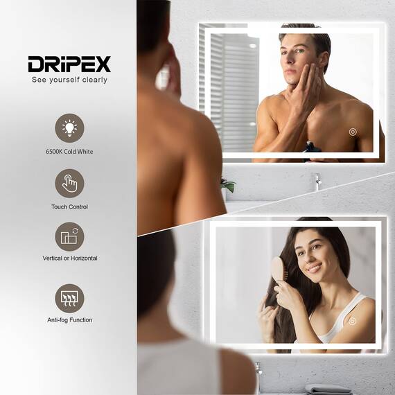 Dripex Badspiegel LED Badezimmerspiegel mit Beleuchtung mit Touch-Schalter Wandspiegel Beschlagfrei Kaltweiß 6400K Energiesparend Lichtspiegel 60x80 cm