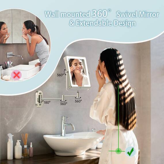Famihomii Wiederaufladbar Kosmetikspiegel mit LED Beleuchtetung, Schminkspiegel mit 1-/10X Vergrößerung Und Touchschalter Batterie, Dimmbarer Rasierspiegel 360° Schwenkbar Wandmontage (Bronze)