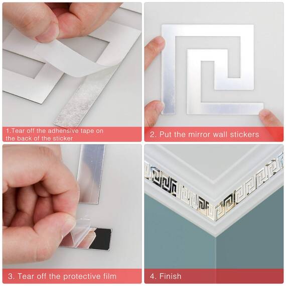 SelfTek 60 Stück Abnehmbare Acrylspiegel Spiegel Wandaufkleber Silber Spiegel Abziehbilder Geometrische Griechische Schlüsselmuster für zu Hause Schlafzimmer Hintergrund Dekoration (60-Silber)