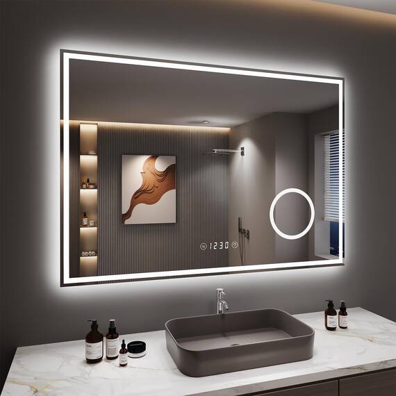 Dripex Badspiegel mit Beleuchtung Led Spiegel mit 3-Fach Schminkspiegel, Uhr und Steckdose, Dimmbar, 3 Lichtfarbe Einstellbare Badezimmerspiegel mit Beleuchtung, Beschlagfrei 70 x 100 cm