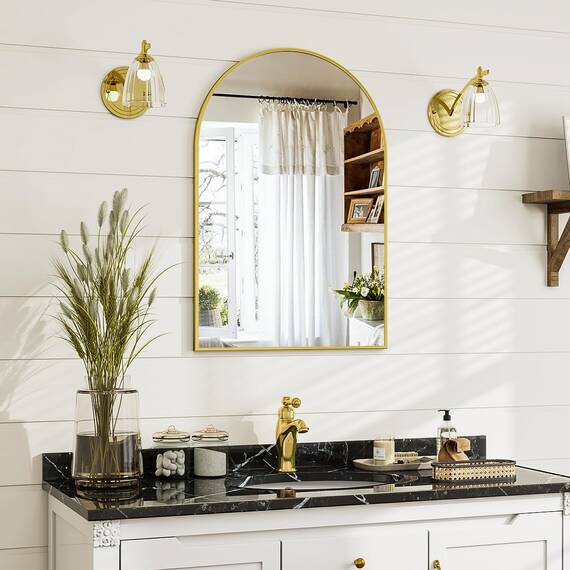 BEAUTYPEAK Bogen Wandspiegel mit Gold, 76x51 cm Bruchsichere Aluminiumlegierung Rahmen Bad Spiegel, Wand montierbar und zuverlässige Bogen Wandspiegel, geeignet für Schlafzimmer, Eingang, Bad
