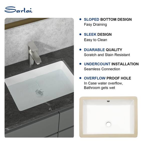 Sarlai Rechteckiges Waschbecken, Unterbau, 50,8 x 35,6 cm, reinweiß, rechteckig, Unterbauspüle, Porzellan, Keramik, Waschtisch, Waschbecken
