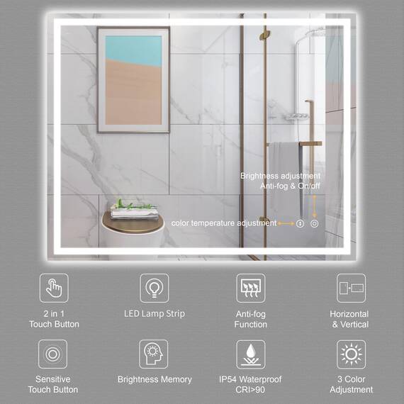 Dripex Badspiegel mit Beleuchtung Led Spiegel mit Touch-Schalter, Dimmbar, 3 Lichtfarbe Einstellbare Badezimmerspiegel mit Beleuchtung, Beschlagfrei 80 x 100 cm