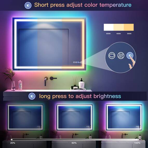 Dripex Badspiegel mit Beleuchtung Led Spiegel mit RGB LED Streifen, Farbwechsel, Touch-Schalter, Dimmbar Badezimmerspiegel, Beschlagfrei 60 x 100 cm