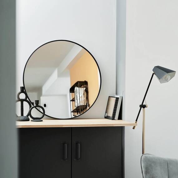 GOLD&CHROME UNIQUE DESIGN Dekorative Wandspiegel Rund ⌀100 cm Aluminiumrahmen - Spiegel Rund Schwarz mit Teflon beschichtet Spiegeloberfläche - Spiegel Wand Pulverbeschichteter Spiegelrahmen 0,9 cm