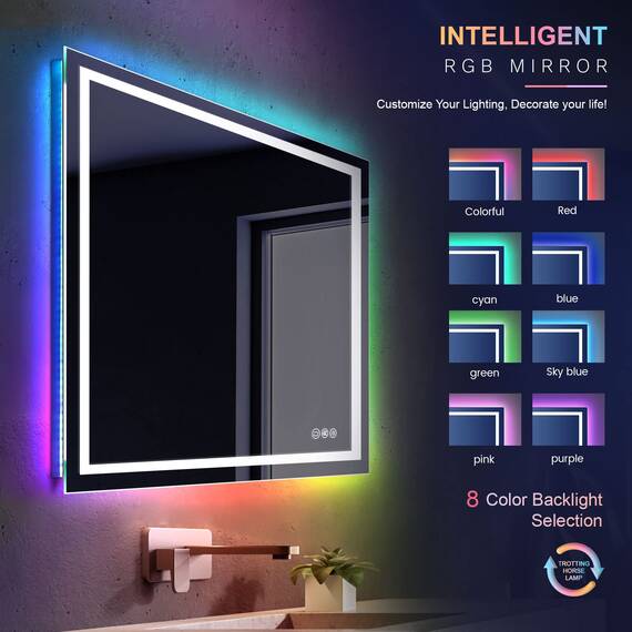 Dripex Badspiegel mit Beleuchtung Led Spiegel mit RGB LED Streifen, Farbwechsel, Touch-Schalter, Dimmbar Badezimmerspiegel, Beschlagfrei 60 x 100 cm