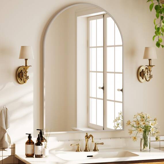 BEAUTYPEAK Bogen Wandspiegel mit Weiß, 91x61 cm Bruchsichere Aluminiumlegierung Rahmen Badspiegel, Kann an die Wand Gelehnt oder Aufgehängt Werden, Standspiegel für Schlafzimmer, Bad und Toiletten
