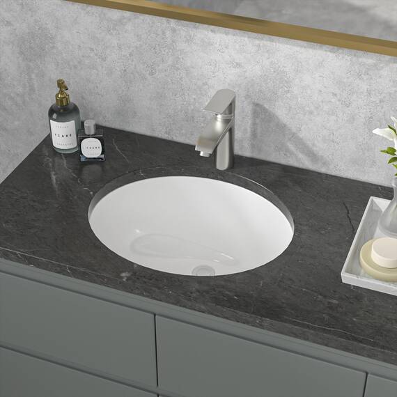 Sarlai Ovales Waschbecken, Unterbau, 45,7 x 38,1 cm, weiße Keramik, modernes Kunstbecken, 41,3 x 33,7 x 14 cm, mit Überlauf