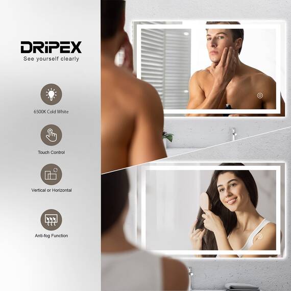 Dripex Badezimmerspiegel Wandspiegel LED Badspiegel mit Beleuchtung mit Touch-Schalter Beschlagfrei Kaltweiß 6400K Energiesparend Lichtspiegel 60x100 cm