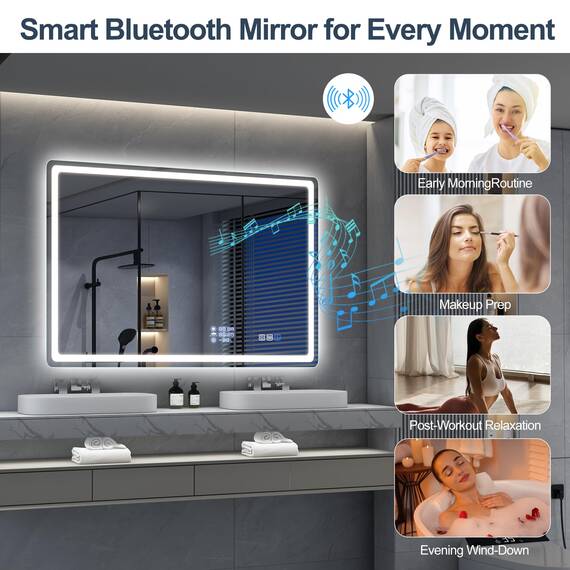 S'bagno Bluetooth-Badspiegel-mit-Beleuchtung-100x70cm, LED-Badezimmerspiegel mit Entfoggen und Uhr, 3000K-6500K, Dimmbar, Speicher, IP44-WiFi-Badezimmer-Spiegel mit Datums und Wetteranzeige