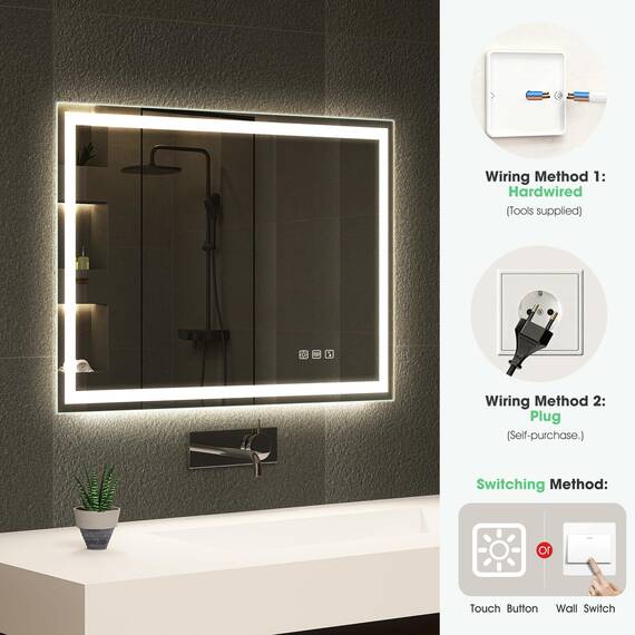 S'bagno Bluetooth-Badspiegel-mit-Beleuchtung-80x60cm, LED-Badezimmerspiegel mit Entfoggen, 3000K-6500K, Dimmbar, Speicher, HD-gehärtetes Glas, IP44-Badezimmer-Spiegel-mit-LED, Horizontal/Vertikal