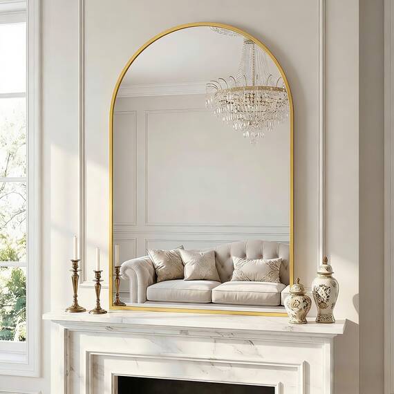 BEAUTYPEAK Bogen Wandspiegel mit Gold, 61x91 cm Bruchsichere Aluminiumlegierung Rahmen Bad Spiegel, Wand montierbar und zuverlässige Bogen Wandspiegel, geeignet für Schlafzimmer, Eingang, Bad