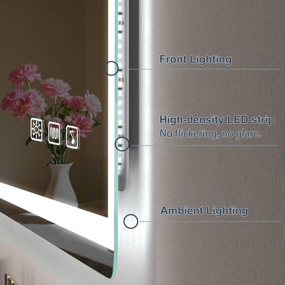 S'bagno Bluetooth-Badspiegel-mit-Beleuchtung-100x70cm, LED-Badezimmerspiegel mit Entfoggen und Uhr, 3000K-6500K, Dimmbar, Speicher, IP44-WiFi-Badezimmer-Spiegel mit Datums und Wetteranzeige