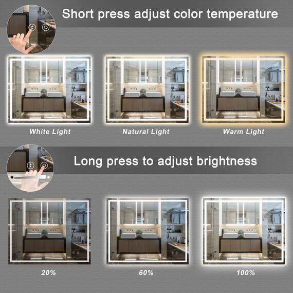 Dripex Badspiegel mit Beleuchtung Led Spiegel mit Touch-Schalter, Dimmbar, 3 Lichtfarbe Einstellbare Badezimmerspiegel mit Beleuchtung, Beschlagfrei 80 x 100 cm