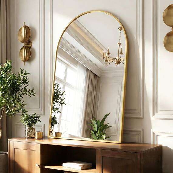 BEAUTYPEAK Bogen Wandspiegel mit Gold, 61x91 cm Bruchsichere Aluminiumlegierung Rahmen Bad Spiegel, Wand montierbar und zuverlässige Bogen Wandspiegel, geeignet für Schlafzimmer, Eingang, Bad